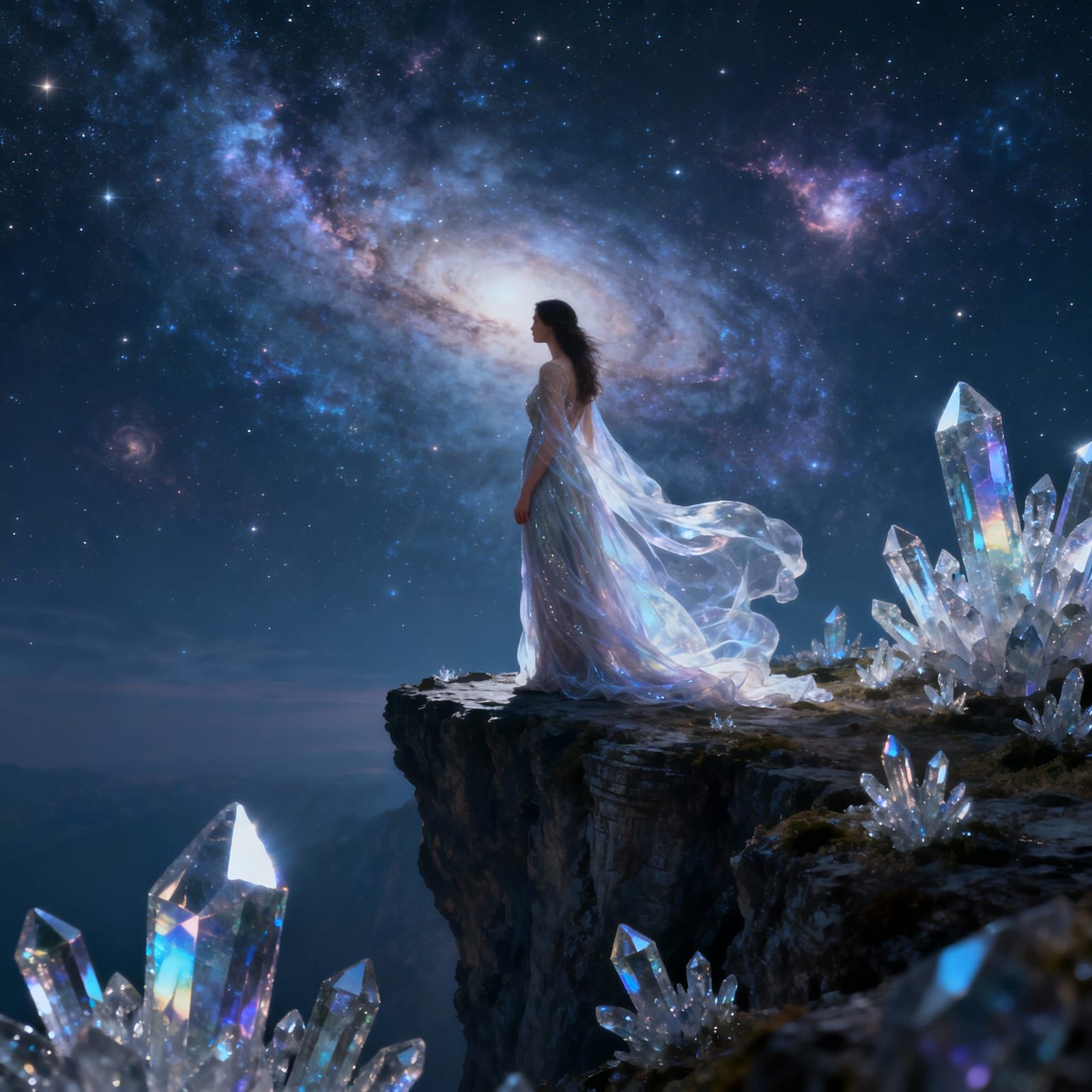 Woman on Precipice Overlooking Nebula Sky