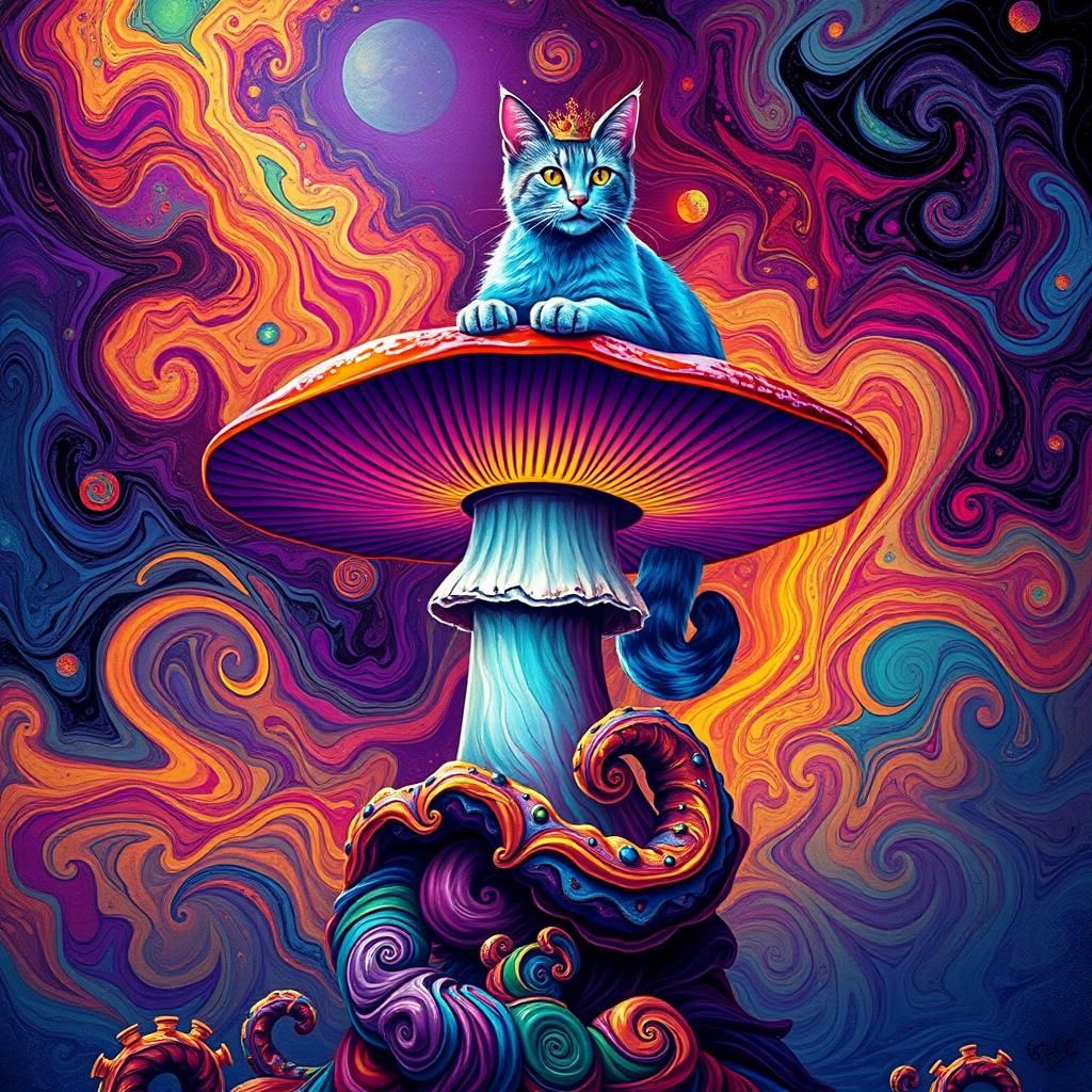 Glowing Cat on Ornate Mushroom in Digital Painting Style
