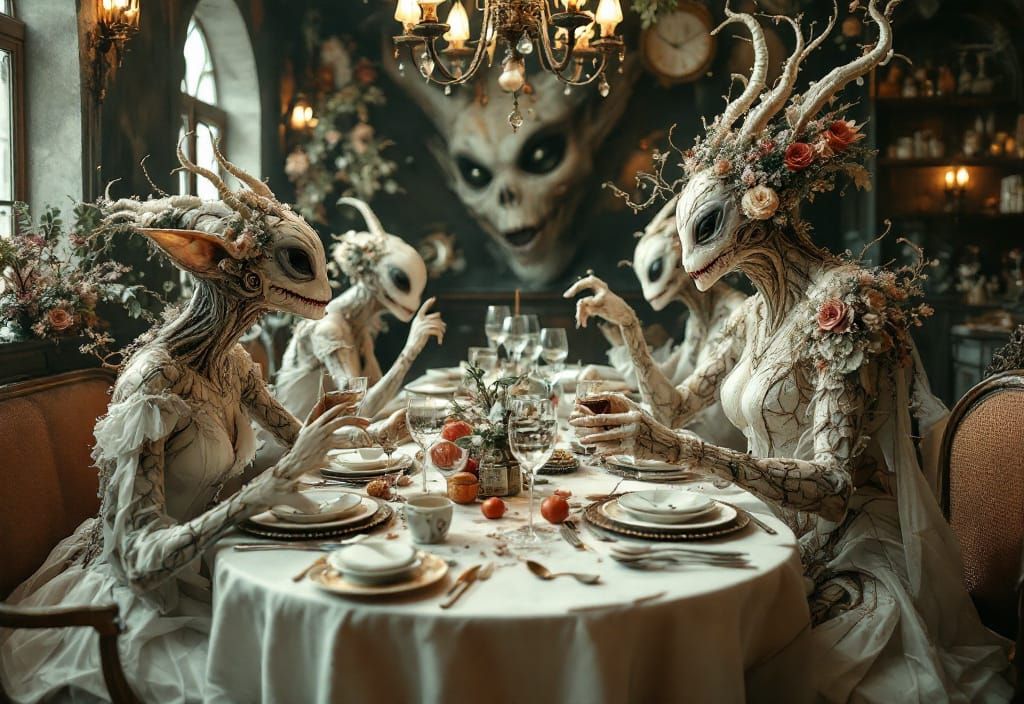 Surreal Restaurant Celebration with Aliens and Humans