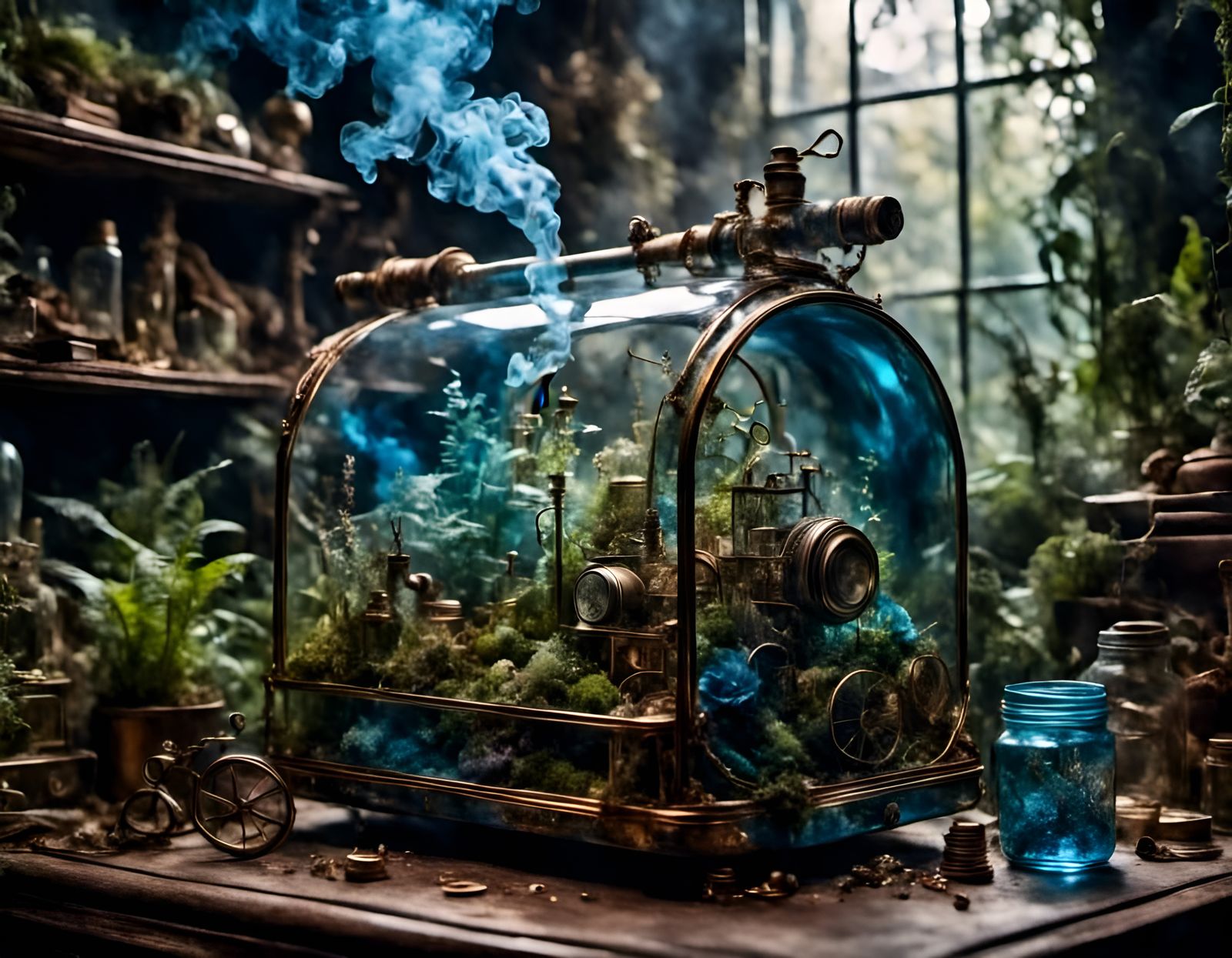 Steampunk Terrarium Inside Tin Can with Blue Smoke