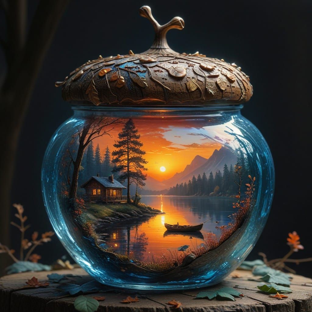 Clear Glass Acorn Jar with Autumn Lake Scene
