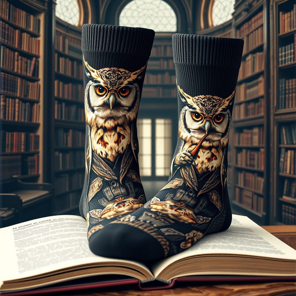 Wise Owls in Library on Socks, Vintage Style