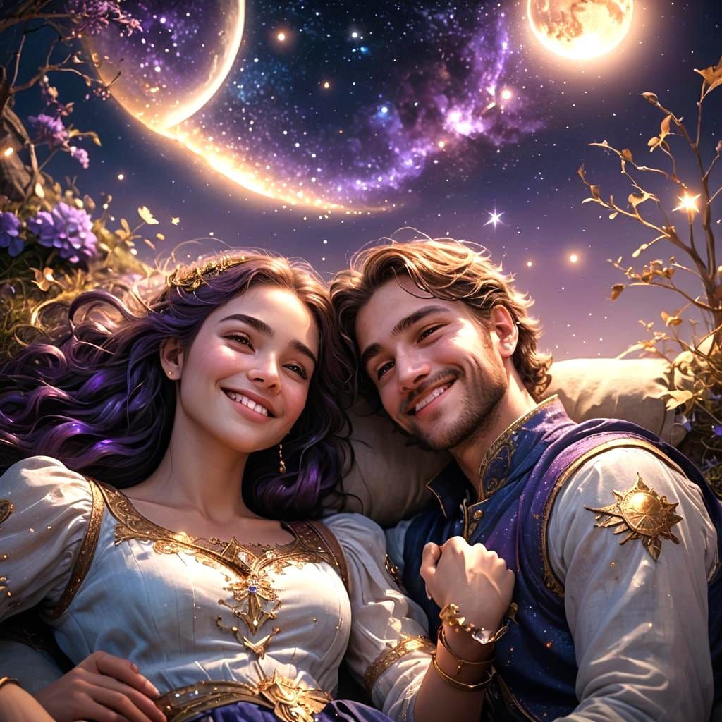 Dreamy Midnight Scene of Lovers Sleeping Under Stars