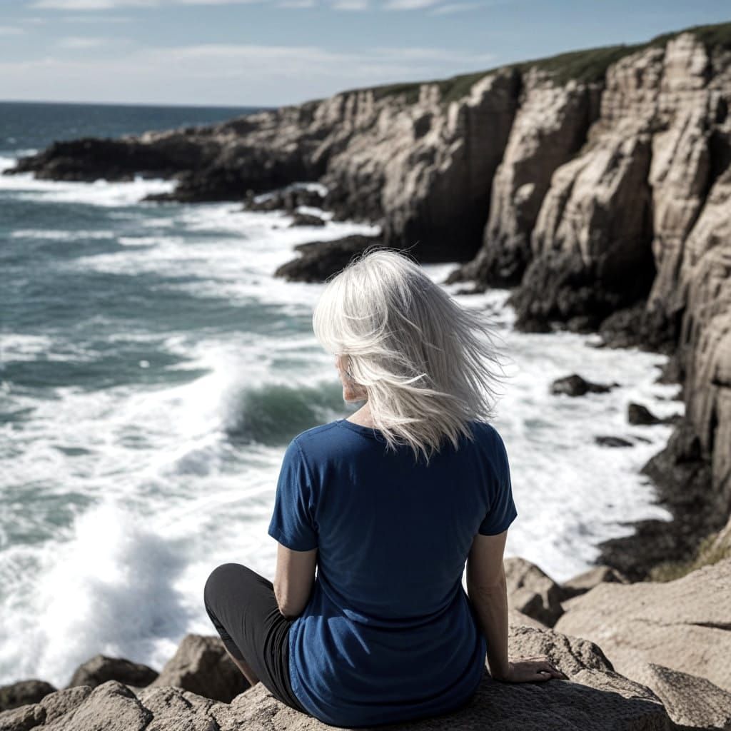 Serene Coastal Scene with Hyperrealistic Woman