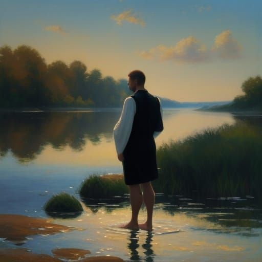 Serene Figure by Water in Golden Light, Impressionist Oil Pa...