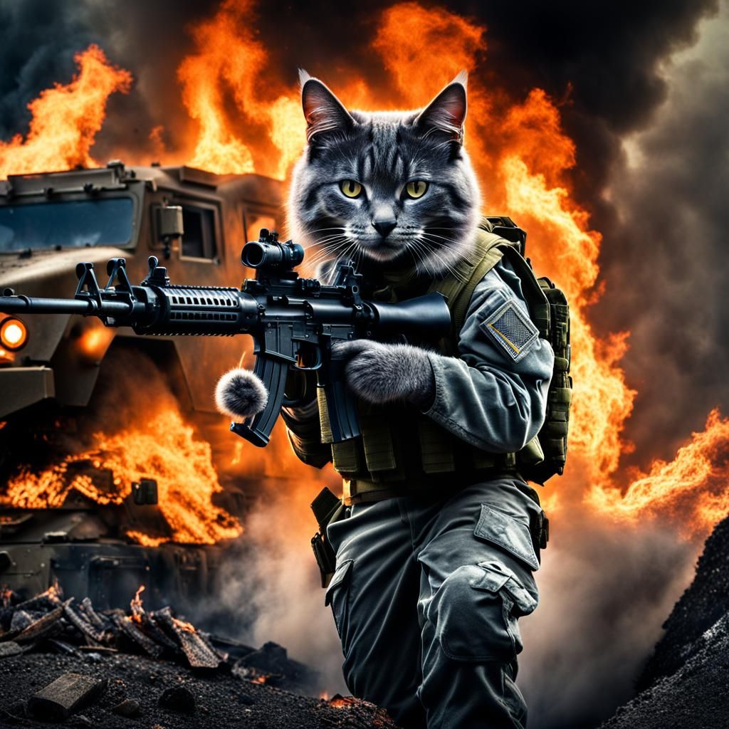 Hyperrealistic Cat of War in Battle Scene