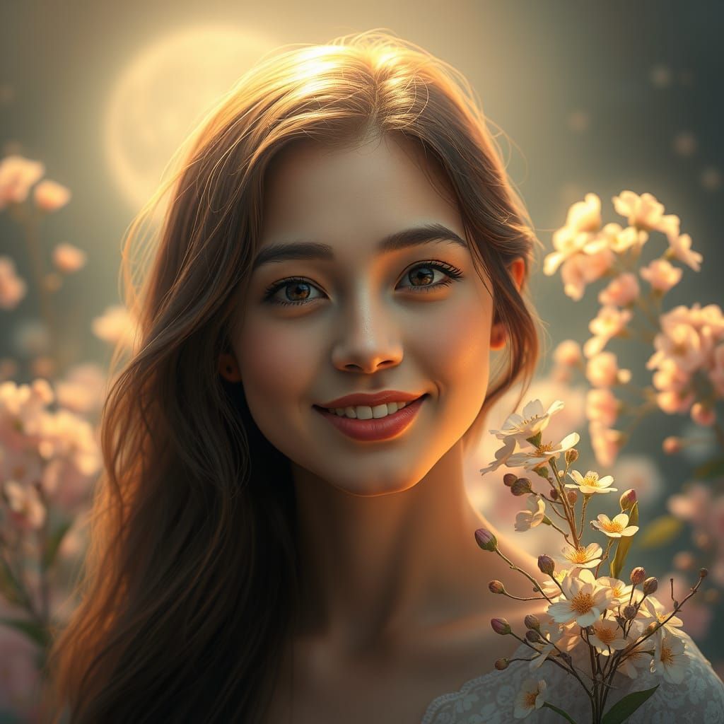 Serene Country Goddess in Misty Moonlight