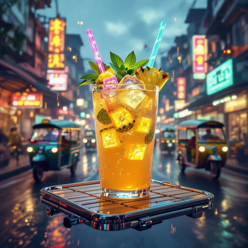 Cyberpunk Pineapple Drink on Floating Cart