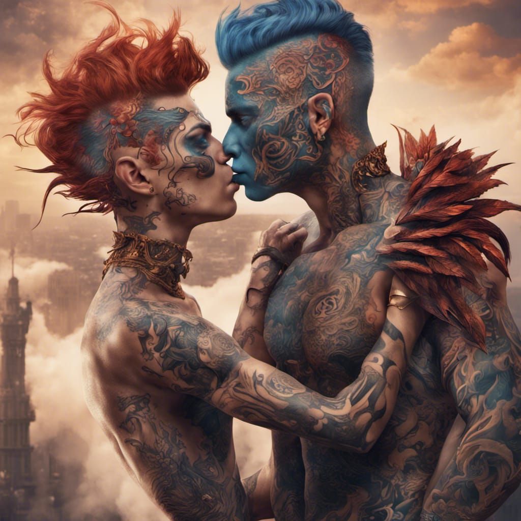 Two Tattooed Men Kissing: Fantasy Concept Art