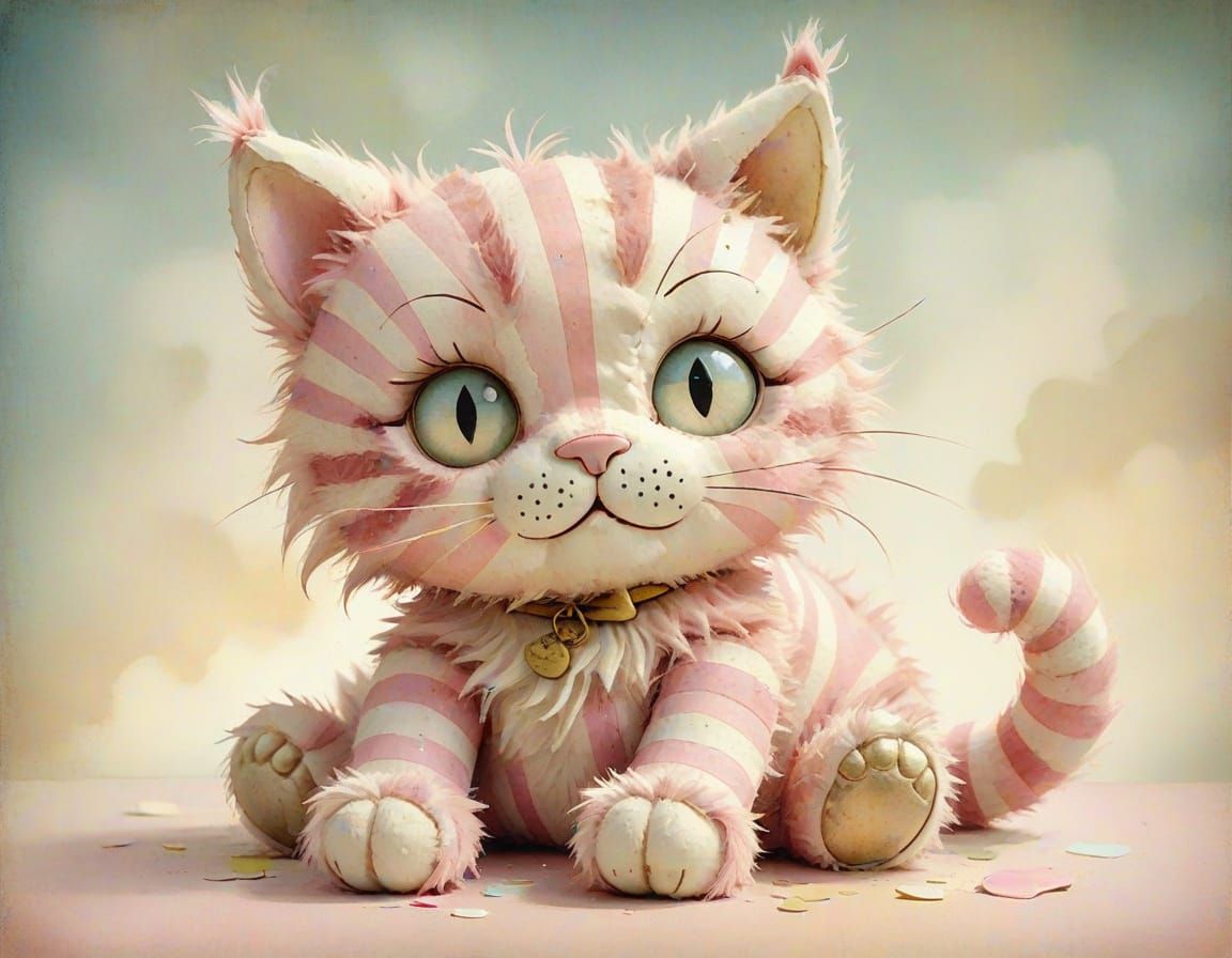 Whimsical Watercolor Illustration of a Faded Stuffed Toy Cat