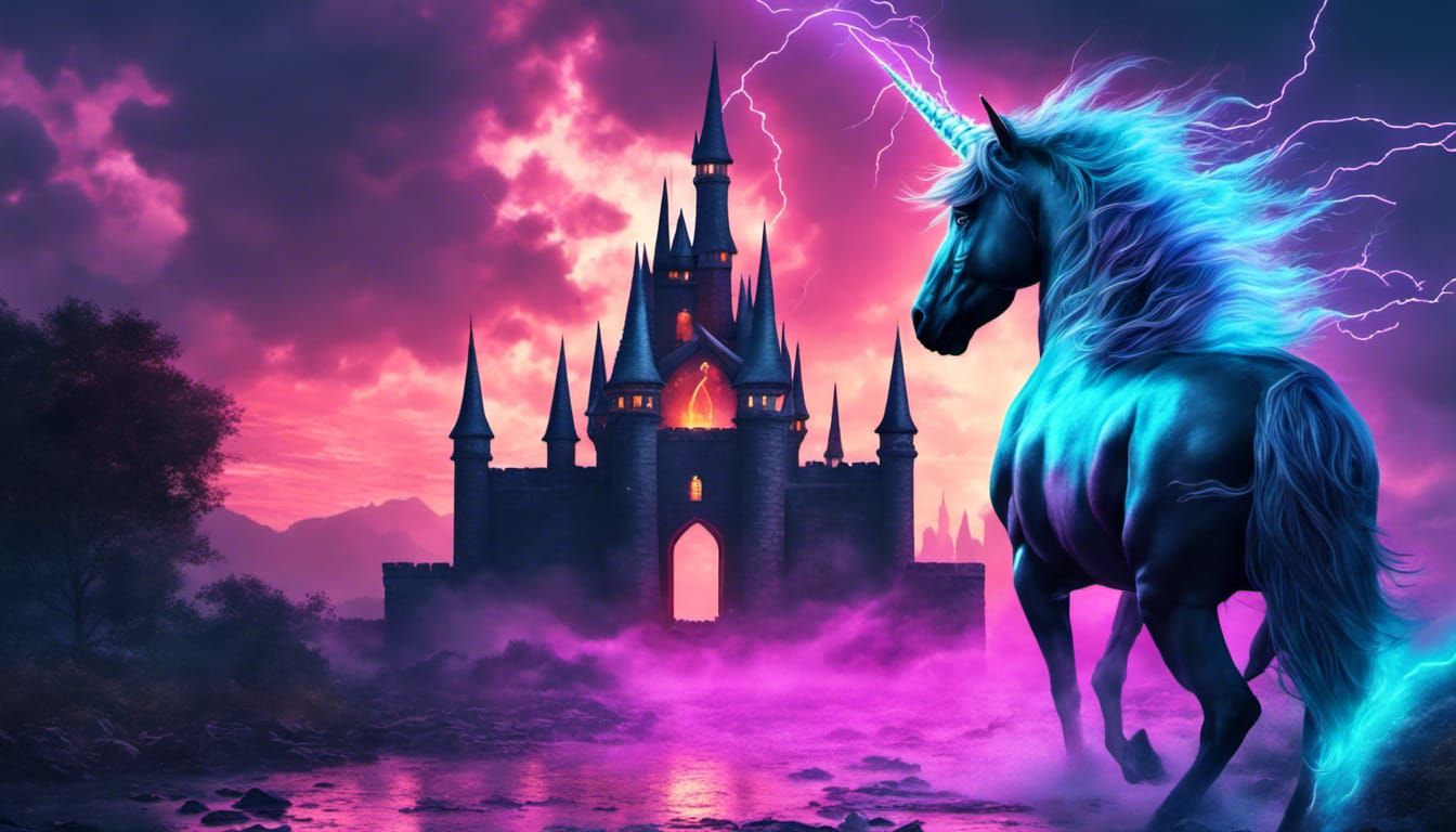 Hyperrealistic Unicorn Castle with Electric Spikes
