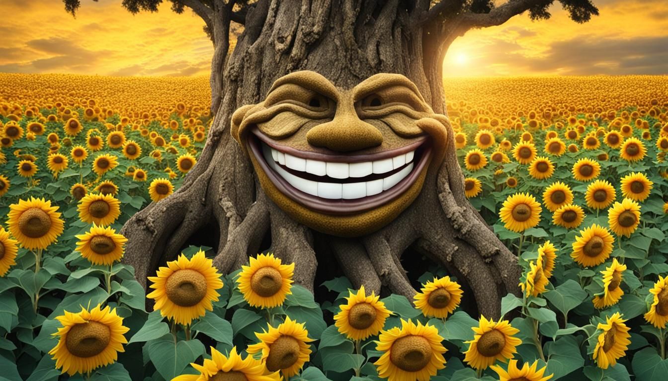 Smiling Tree and Sunflowers in a Sunny Field