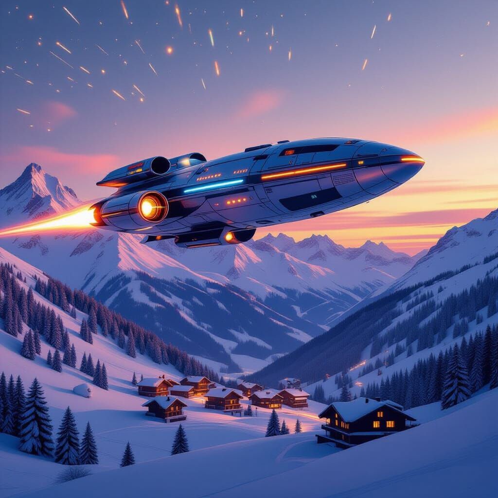 Retro Sci-Fi Spaceship Over Snowy Mountains
