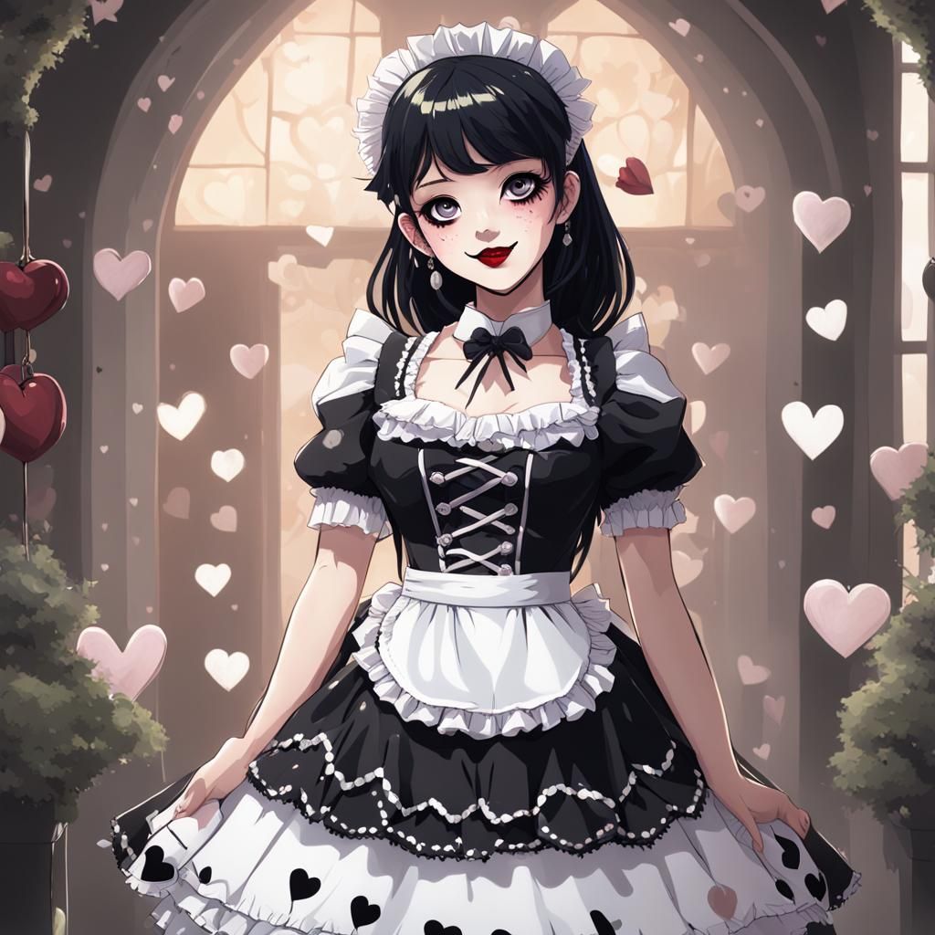 Happy Goth Maid with Heart Accents