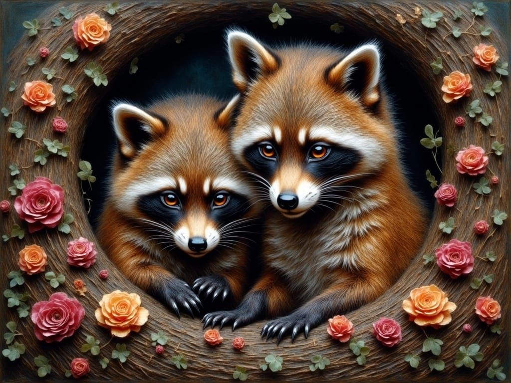 Hyper Realistic Cute Raccoon Duo in a Vibrant Tree Hollow