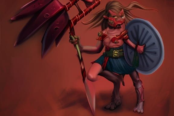 Fiery Goblin Female Warrior with Axe and Shield
