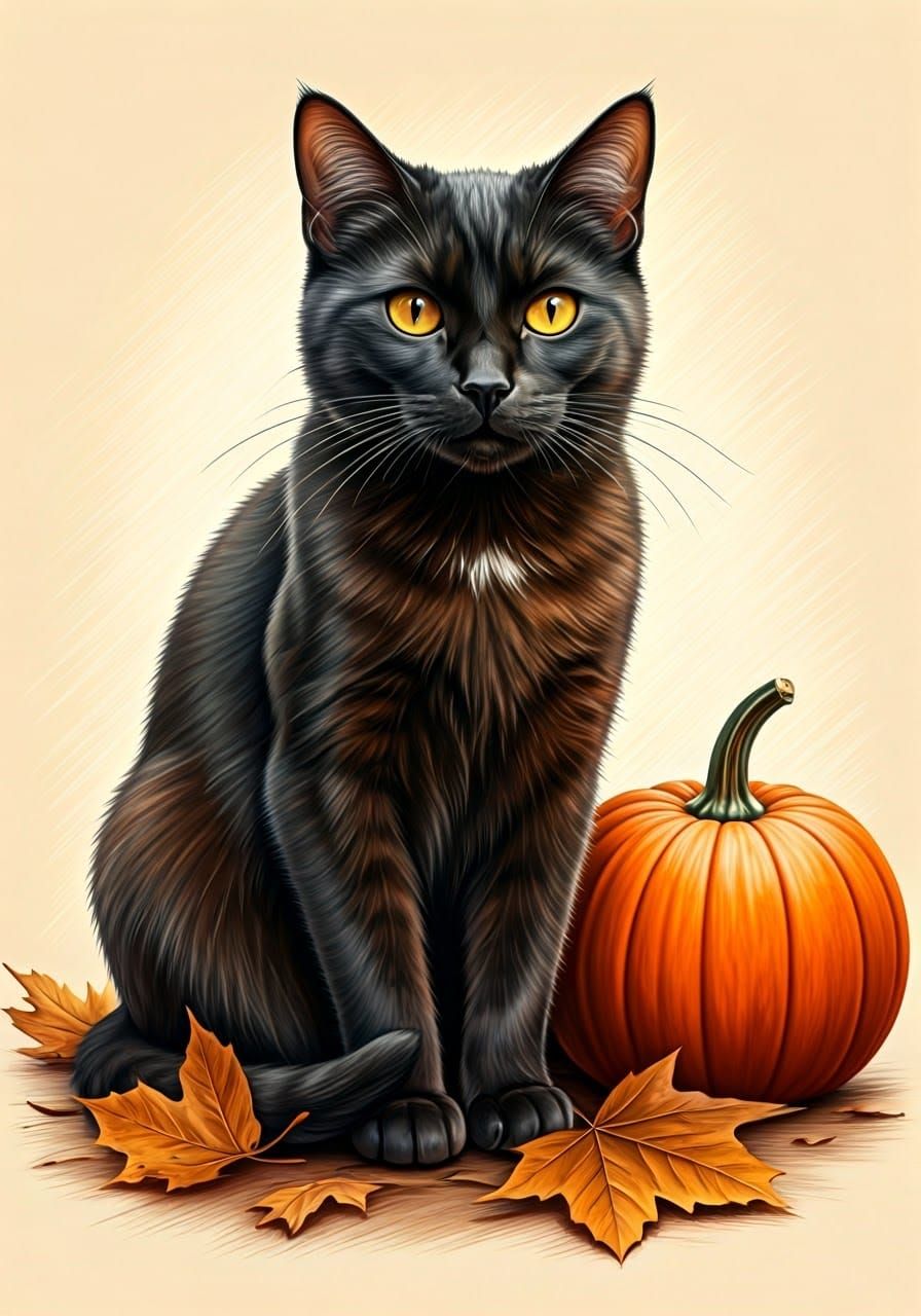 Black Cat in Colorful Pencil Autumn Scene