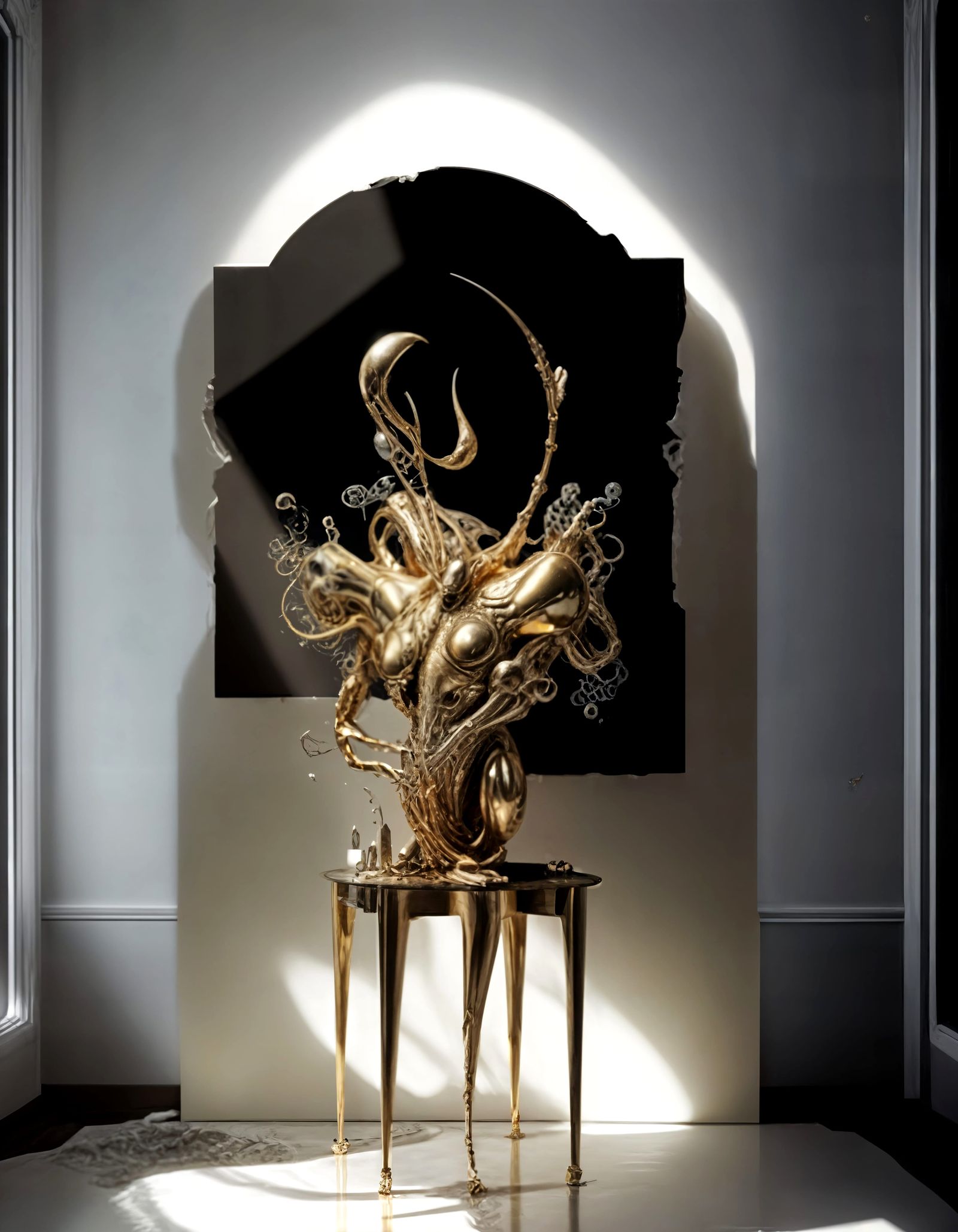 Sculpture on the table in the Hall answers their Meowing