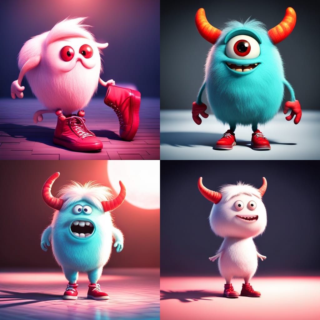 a 3d hd cute fluffy funny laughing monster ,white furry moustache , bright wide white teeth,red horns ,with big eyes, w...