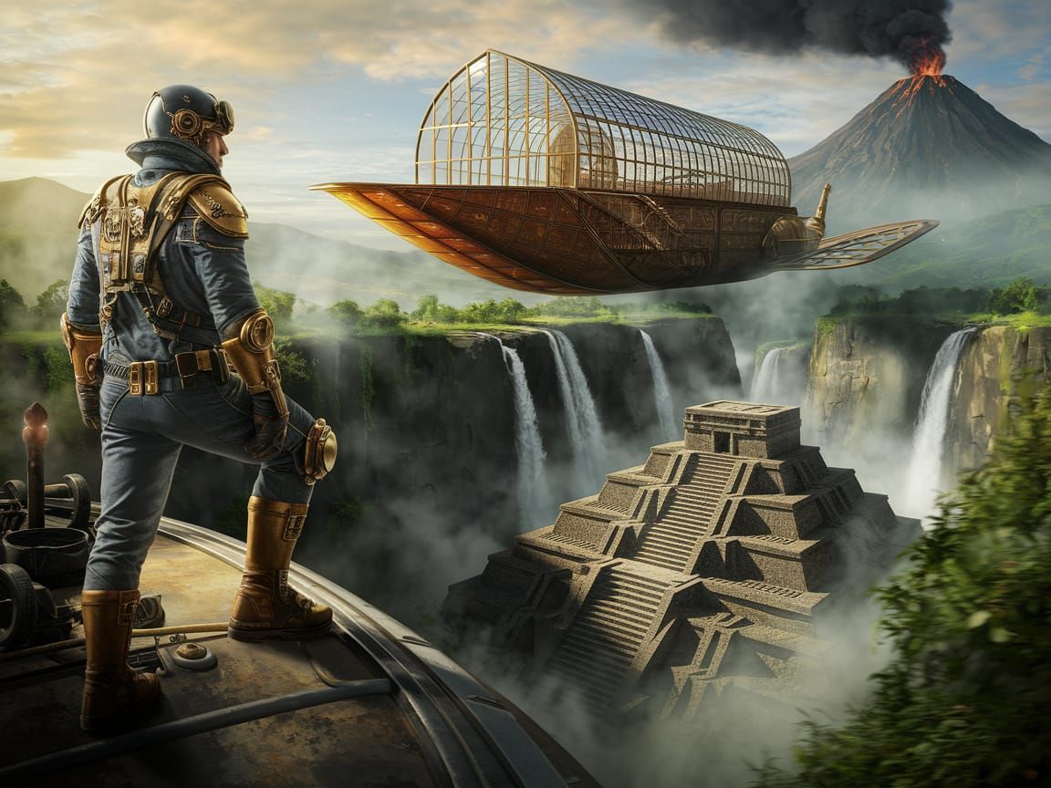 Steampunk Pilot Leaps from Majestic Flying Cathedral