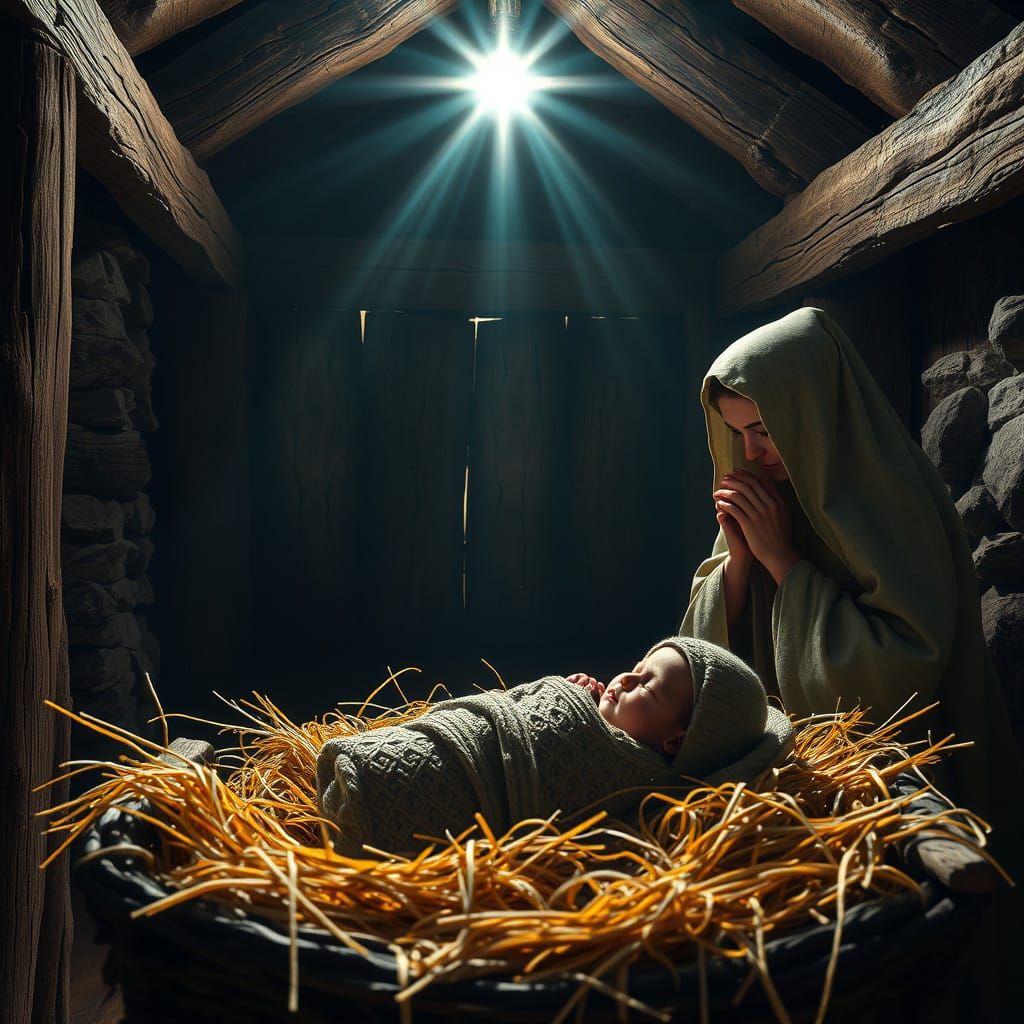 Rustic Nativity Scene with Golden Light and Starry Sky
