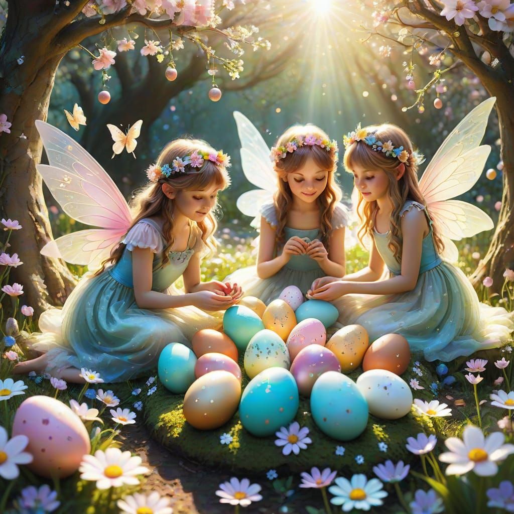 Whimsical Fairies Celebrate Easter in a Vibrant Fantasy Gard...