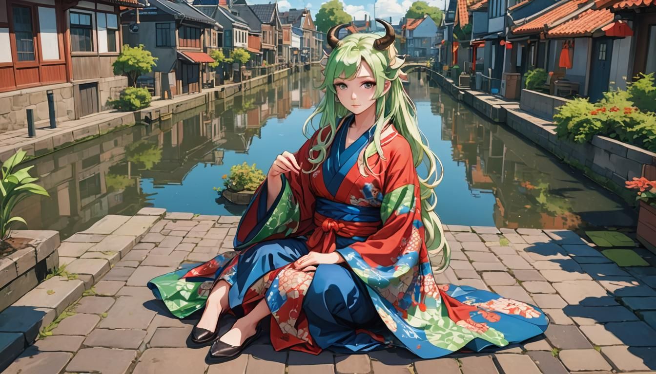 Anime Woman with Kimono in Dutch Town