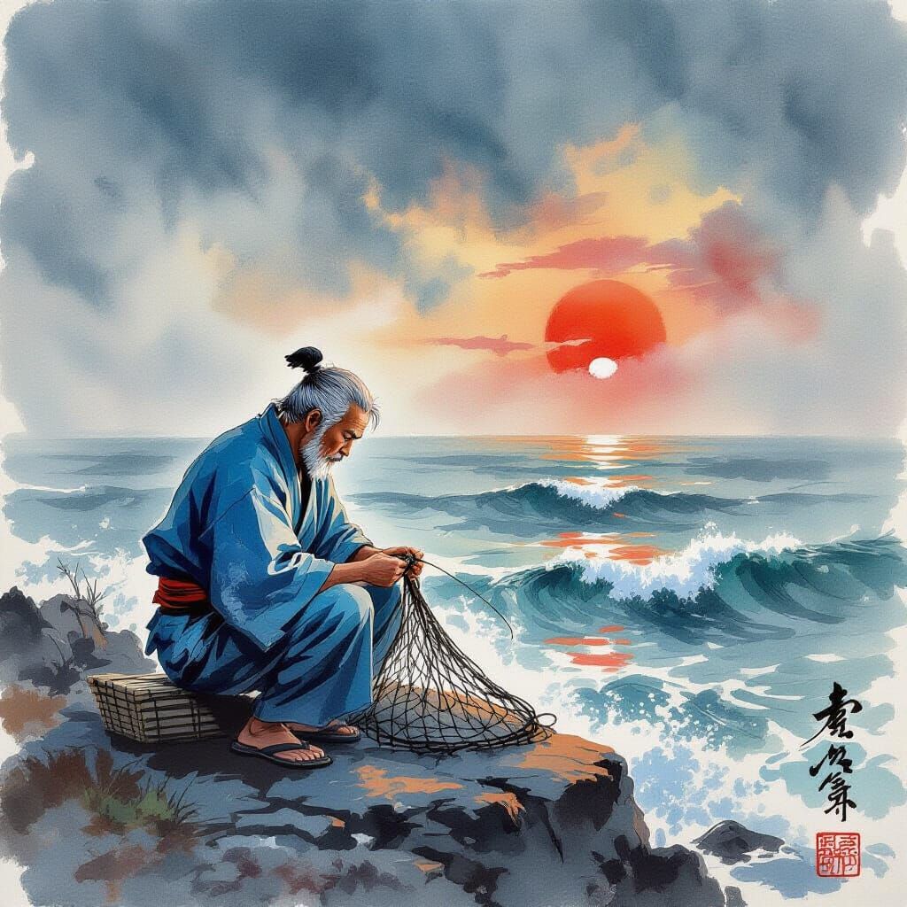 Elderly Fisherman Mends Net Overlooking Stormy Sea in Japane...