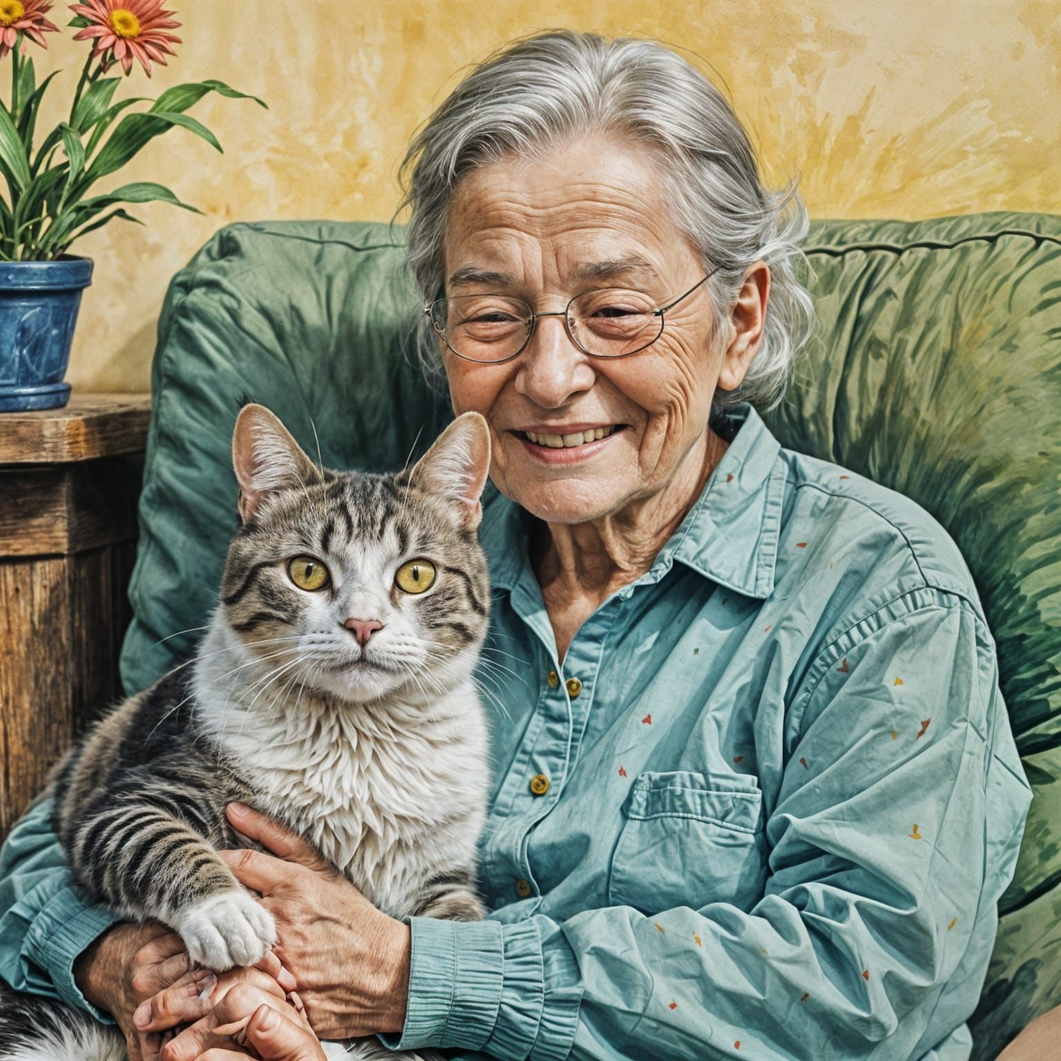 Peaceful Moment: Cat and Elderly Person in Naive Art