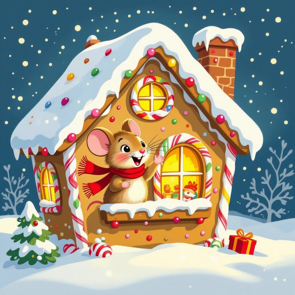 Cute Mouse Waves From Cozy Gingerbread House Window