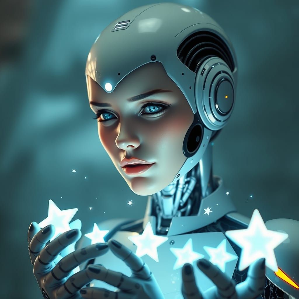 Futuristic Robot Woman with Stars in Art Deco Style