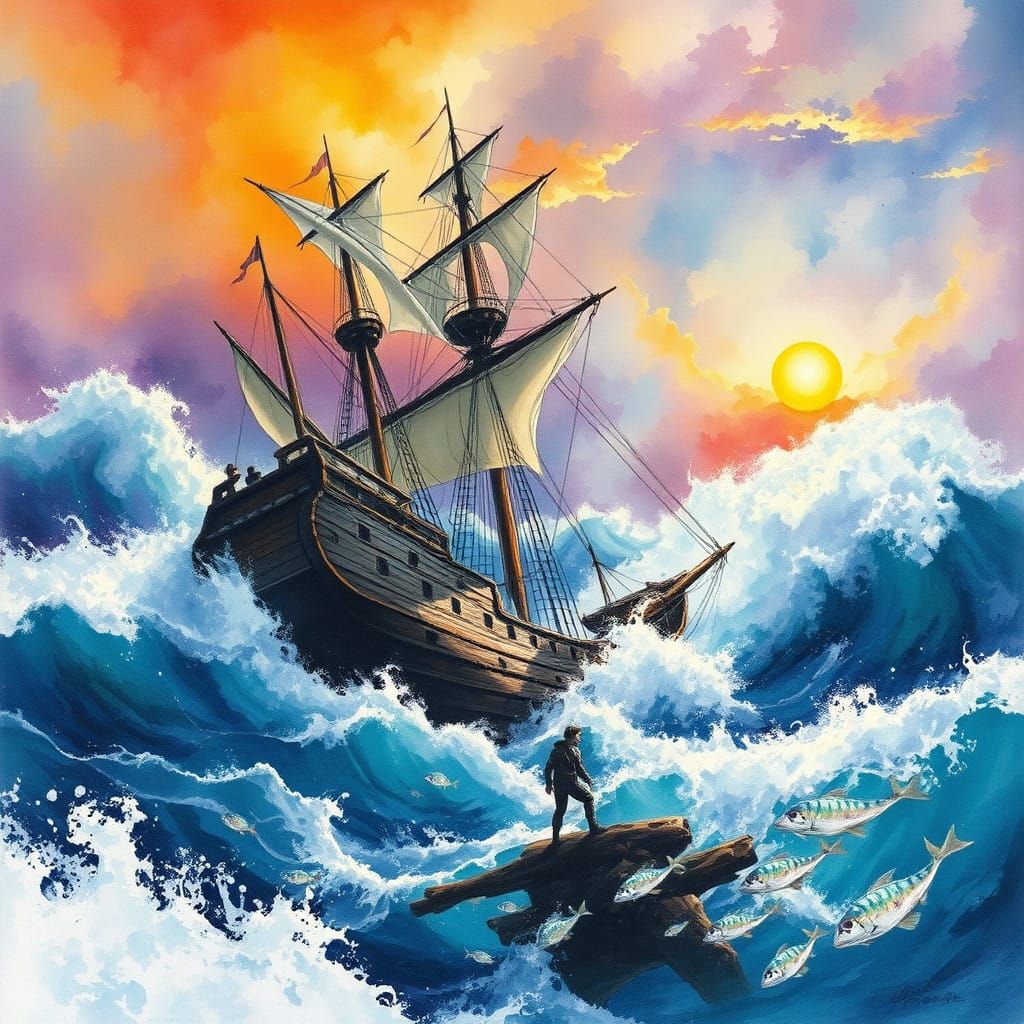 Fantastical Shipwreck in Vibrant Watercolor Style