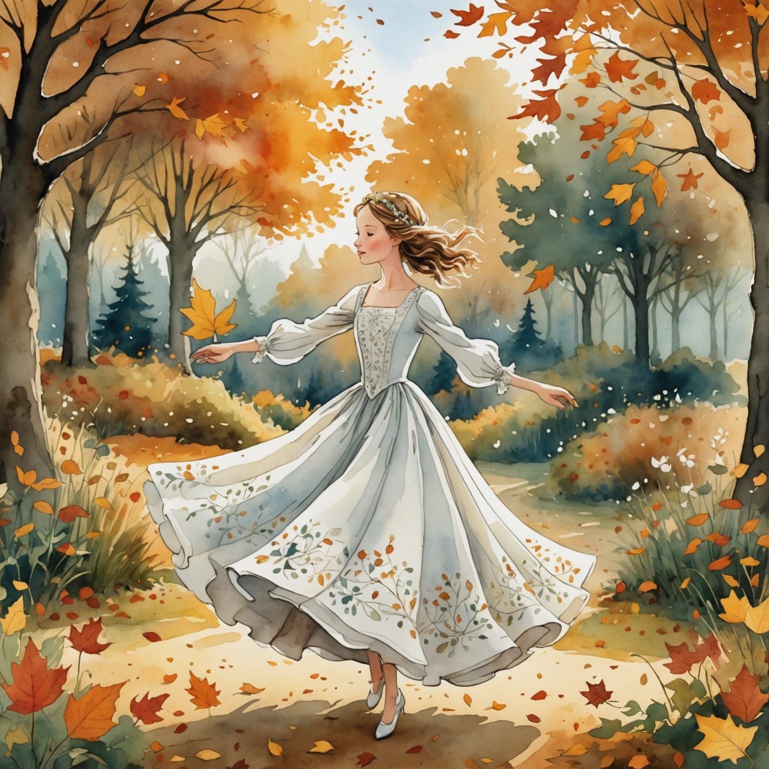 Girl Dancing in Autumn Garden, Delicate Watercolor Style