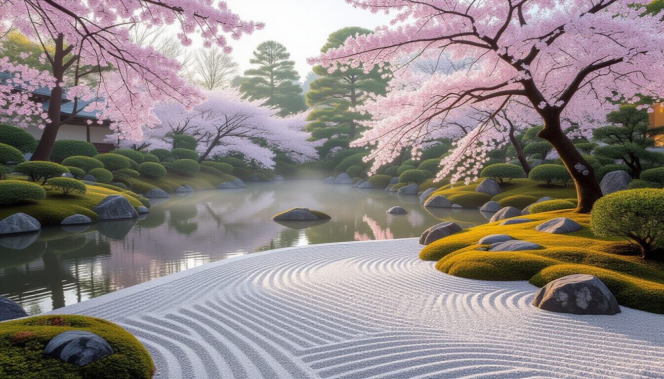 Serene Japanese Garden at Dawn with Zen Path