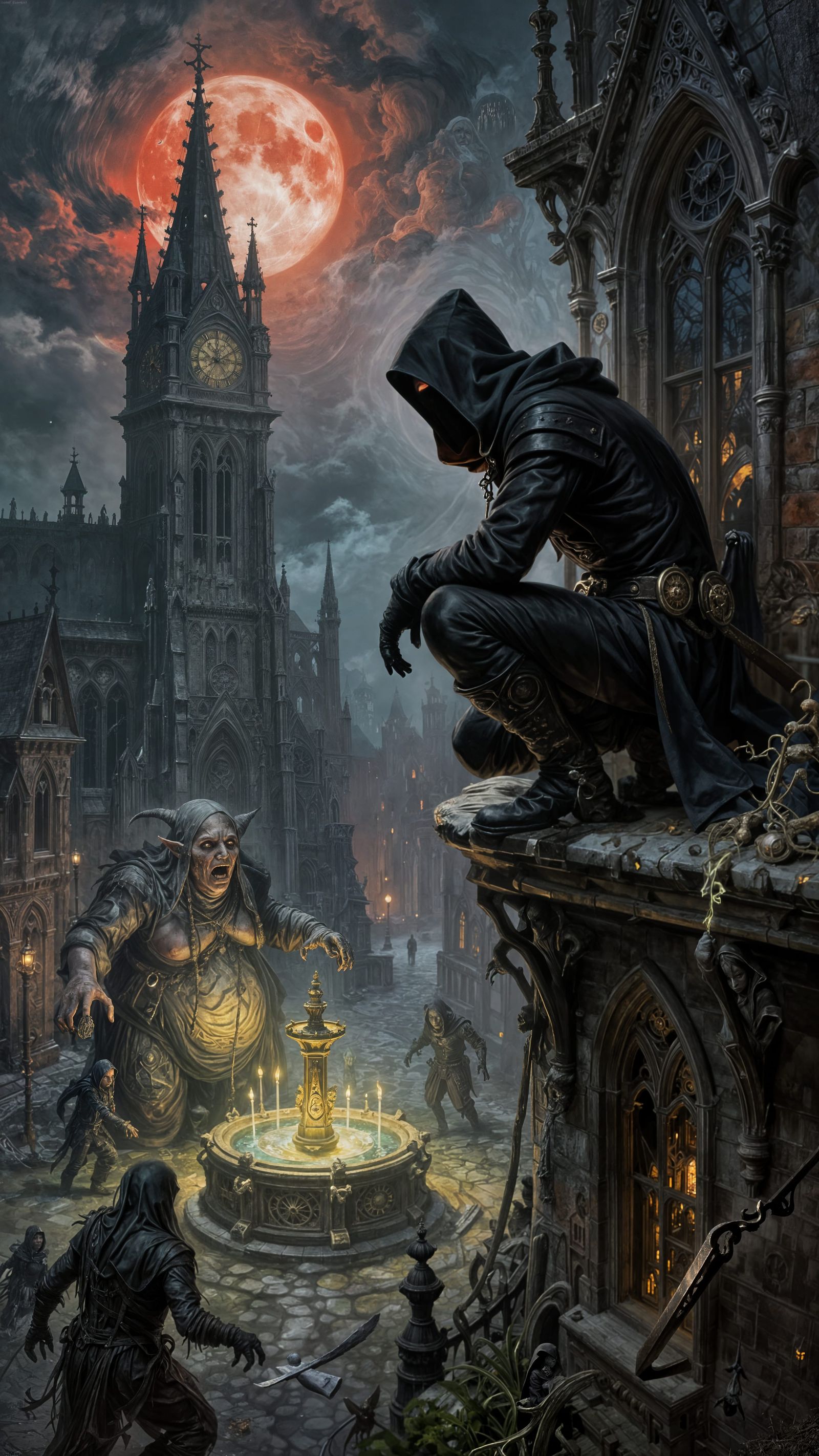 Gothic Thief Watches Swamp Hag by Ritual Fountain