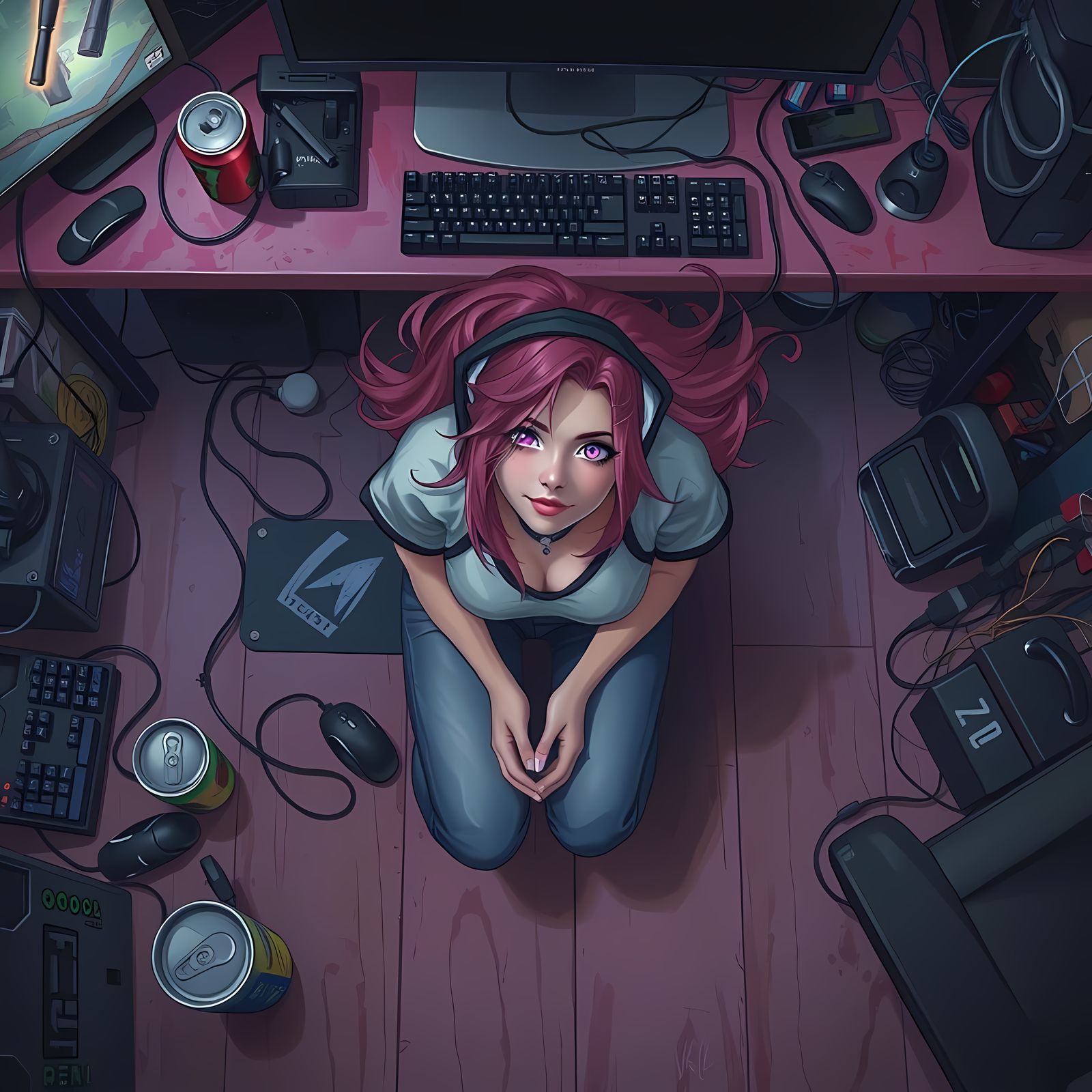 Pink Haired Woman Looks Up From Under Table