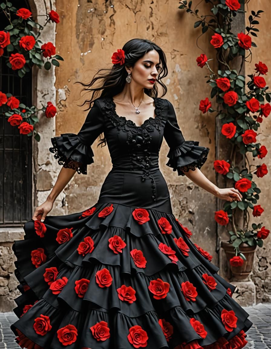 Flamenco Dancer with Roses, Spanish Art
