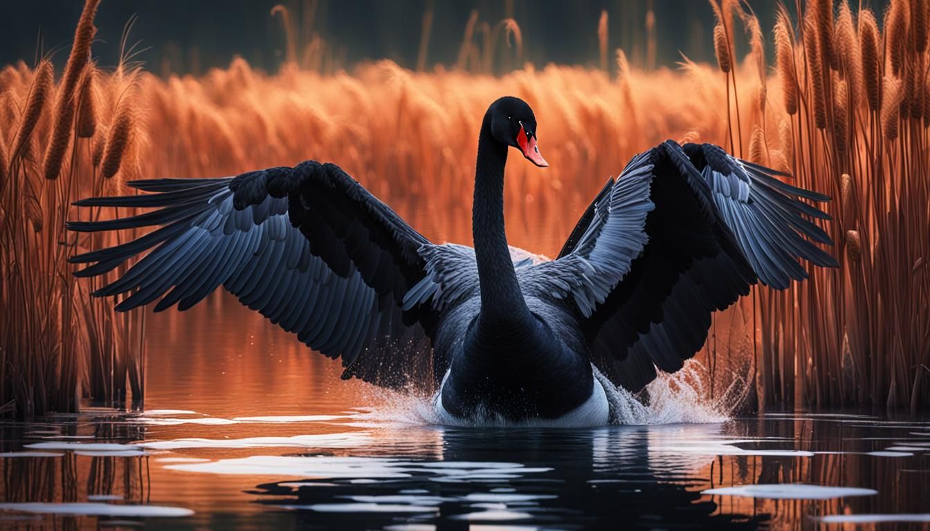 Black Swan Taking Flight: Hyperrealistic Digital Painting