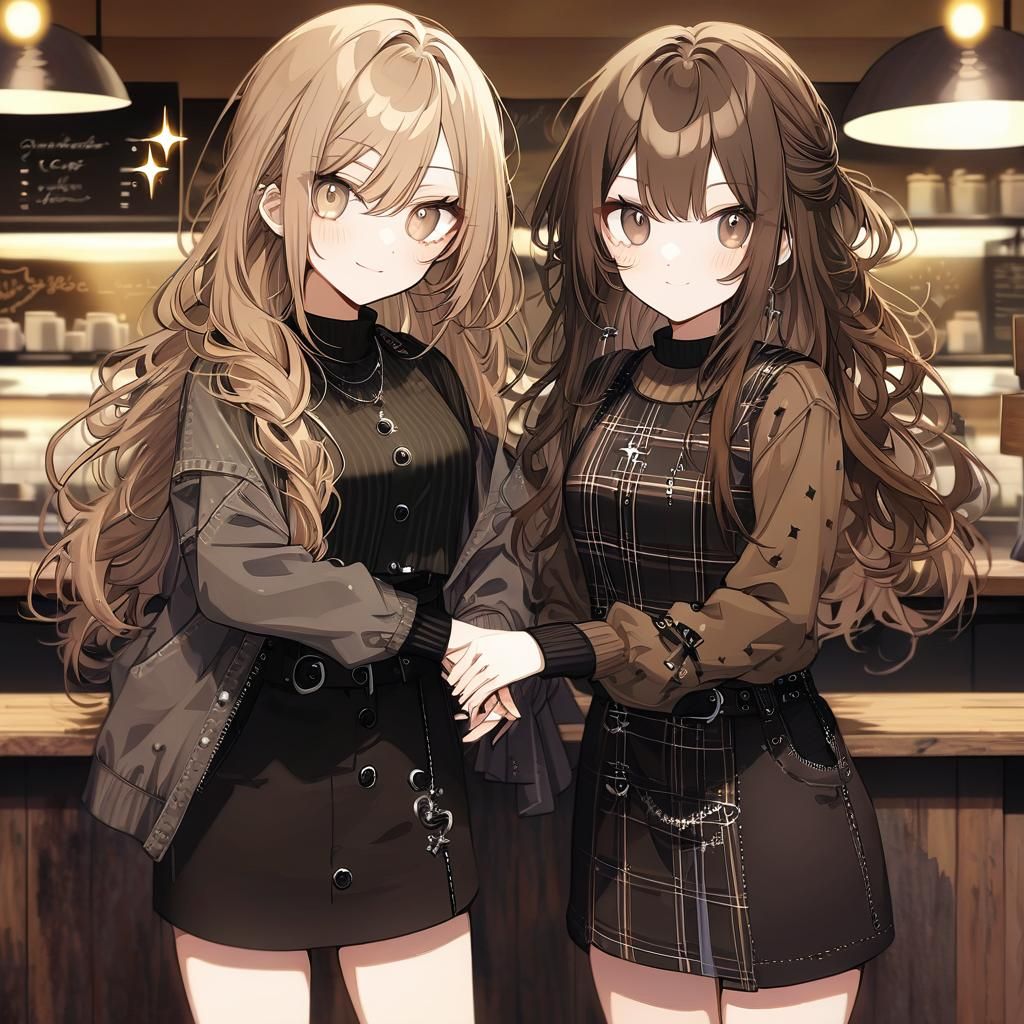 Two Girls Posing Together in Cafe