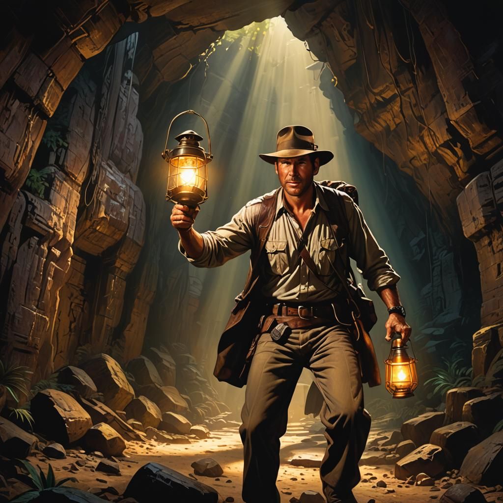Indiana Jones in Dimly Lit Cavern: Hyperrealistic Art