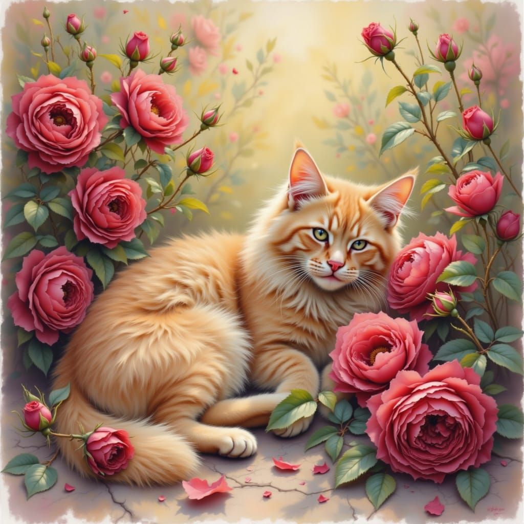 A fluffy ginger cat lounges amidst a vibrant bouquet of deep red roses, bathed in the soft, dappled light of a late autu...