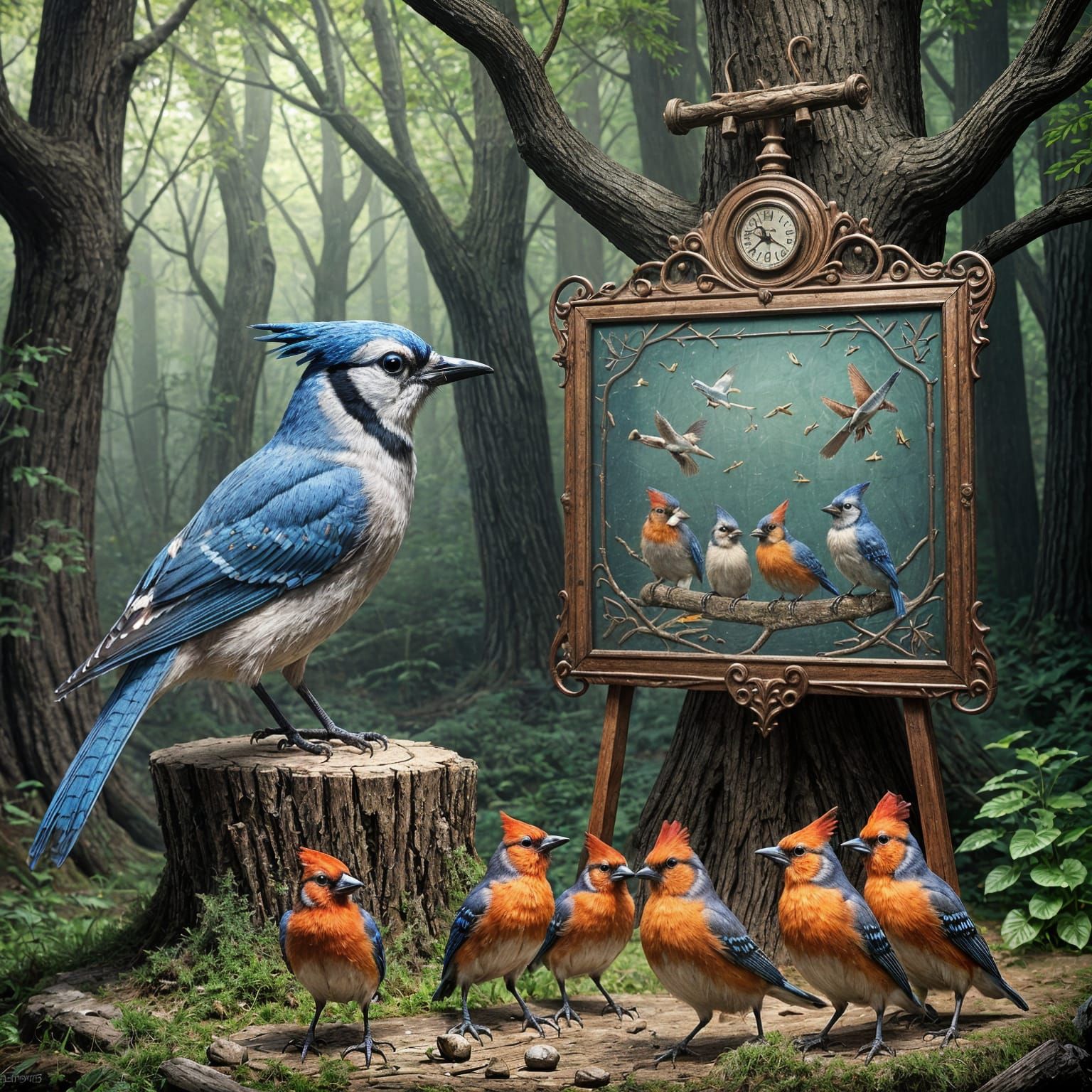 Blue Jay Teaches Bird Class: Matte Painting