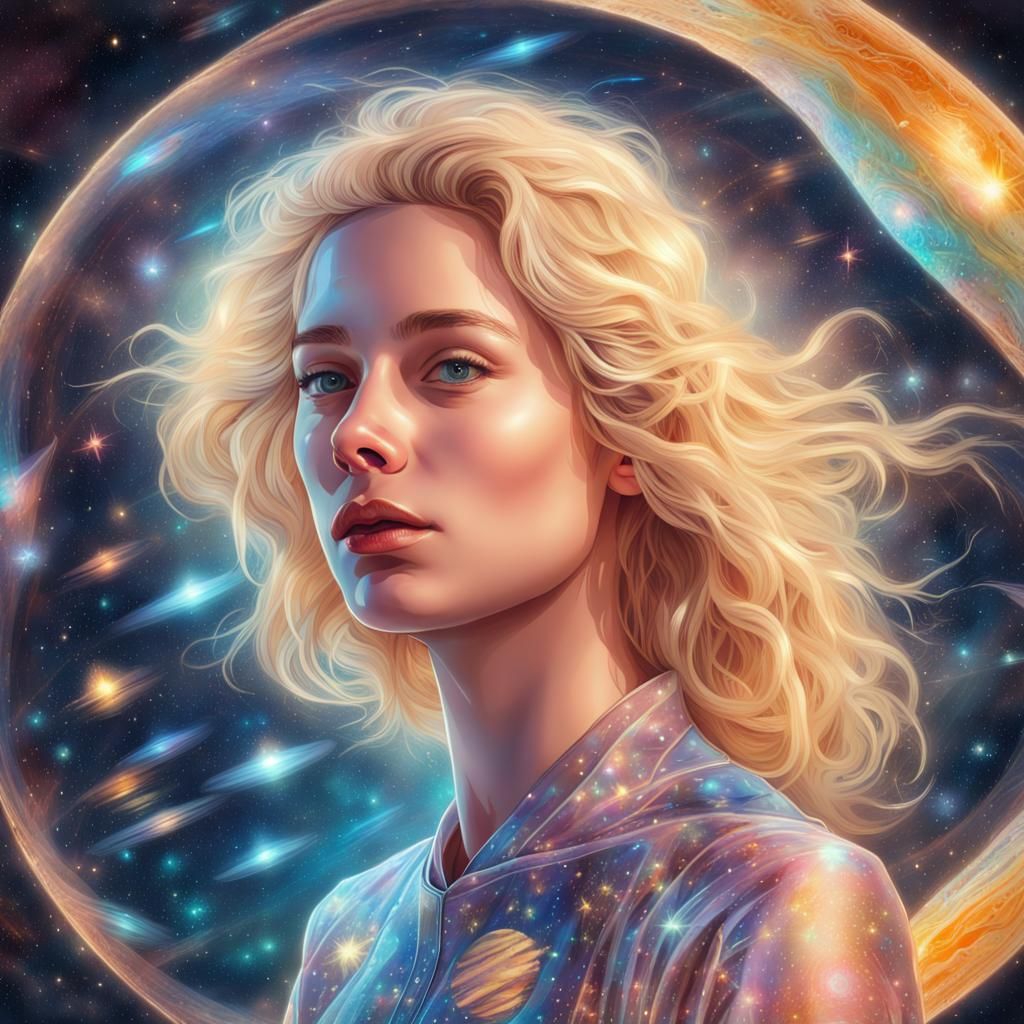 Astral Blonde Girl Surfing Space Illustration