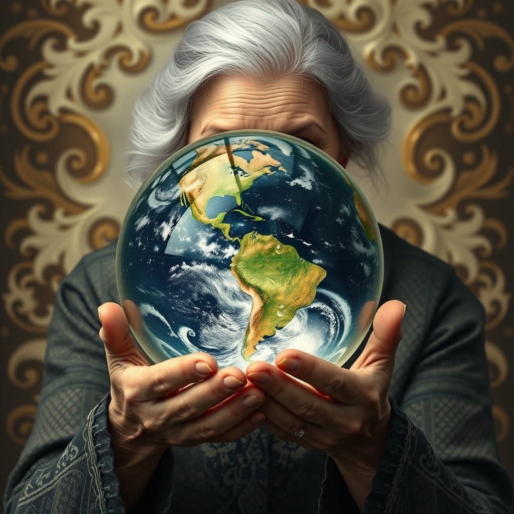 Woman Protects Earth Sphere in Hyperrealistic Art