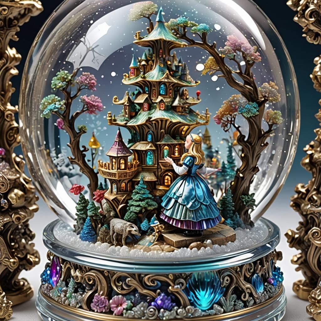 Alice in Wonderland Snow Globe in Iridescent Bismuth Style