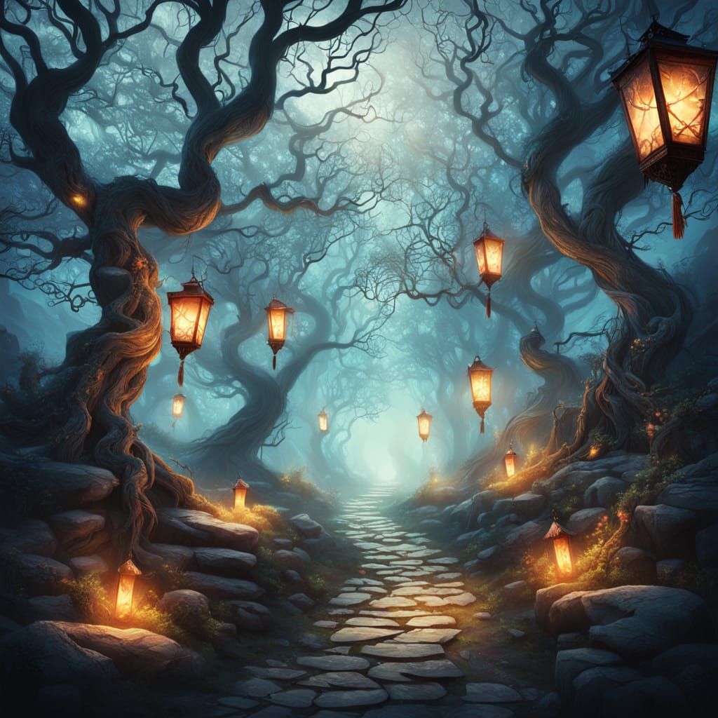 Enchanted Forest Path in Dark Fantasy Illustration