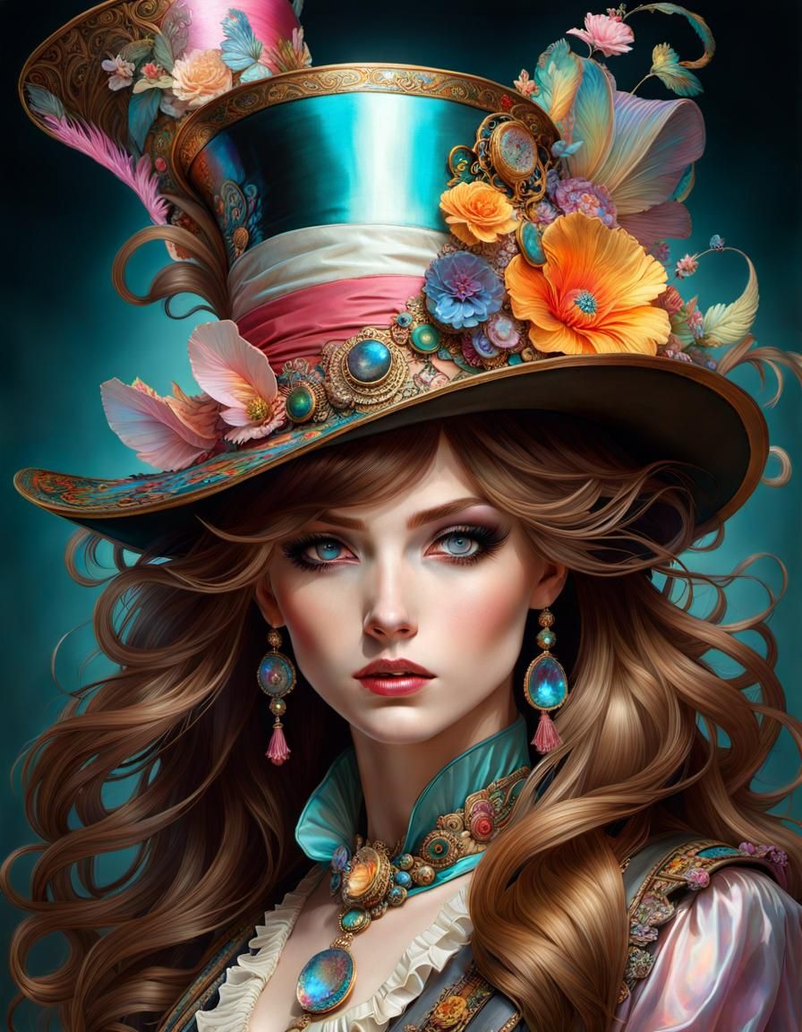 Woman in Maximalist Hat with Exploding Colors