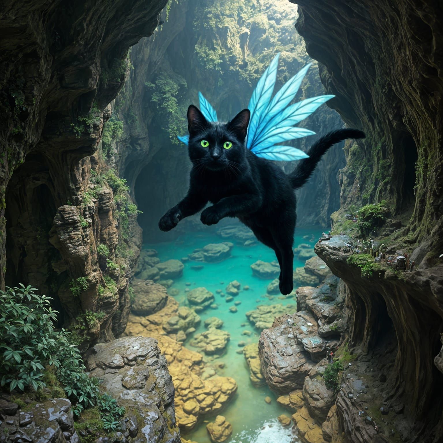 Winged Black Cat with Kittens, Fantasy Concept Art