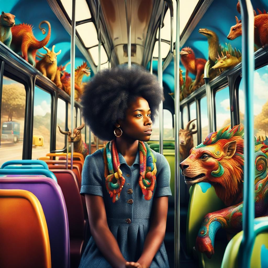 Young Woman's Whimsical Bus Journey in Vintage Style