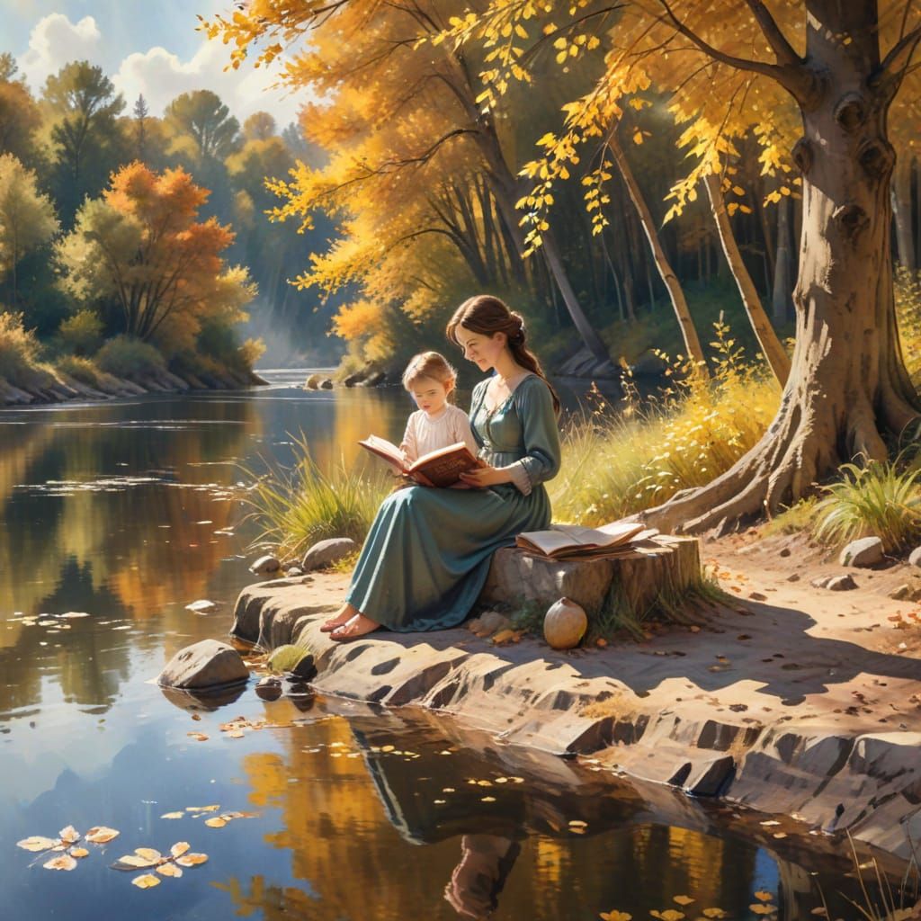 Mother Reads Fairy Tale to Daughter on Autumn Riverbank
